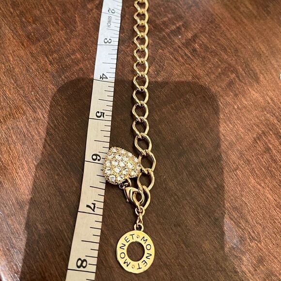 LOOK" Monet Gold Tone Pave Heart Rhinestone Charm Toggle Bracelet - Picture 3 of 5